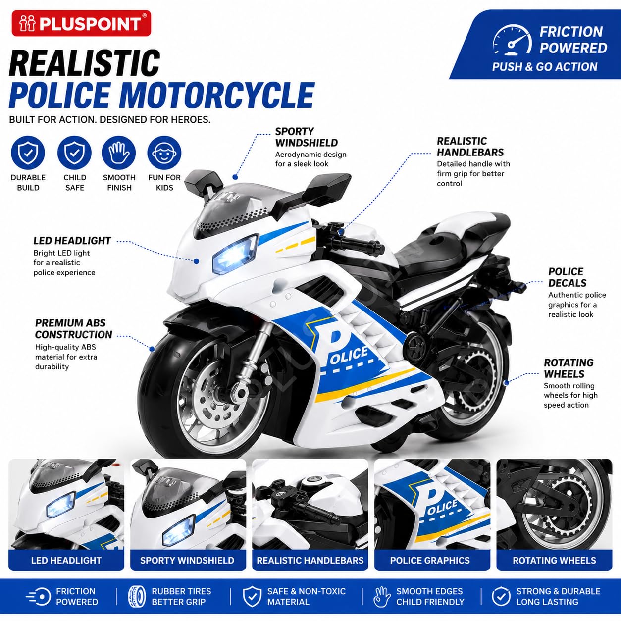 PLUSPOINT Police Rescue Motorcycle Toy | Friction Powered Police Bike with Lights, Siren Sound & Inertial Push and Go Action | Emergency Vehicle Toy for Kids Boys & Girls Age 3+ 1