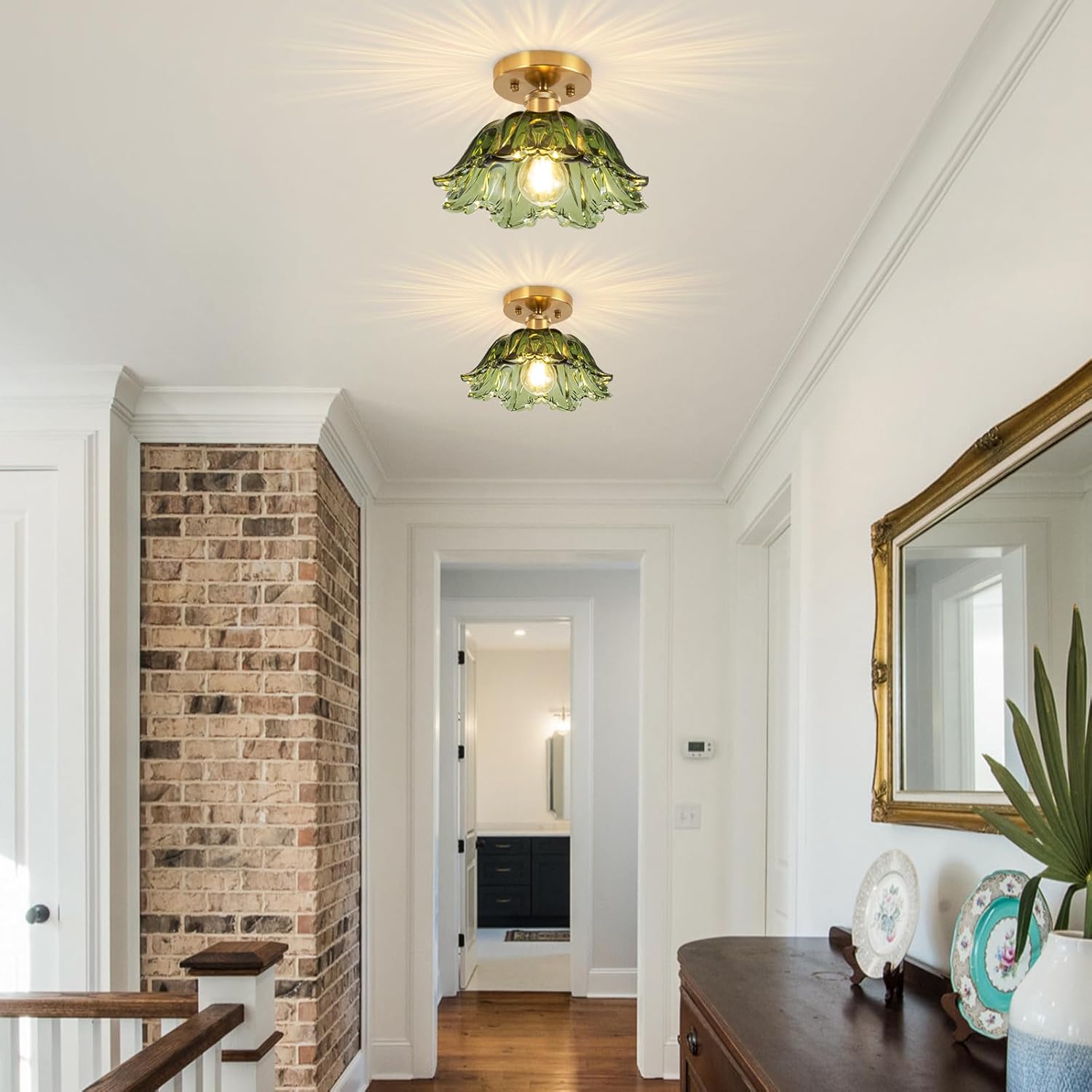 Semi Flush Mount Ceiling Light, Vintage Ceiling Light 11", Green Shade Glass Light Fixture for Kitchen Bedroom Dining Room,Bulb not Included