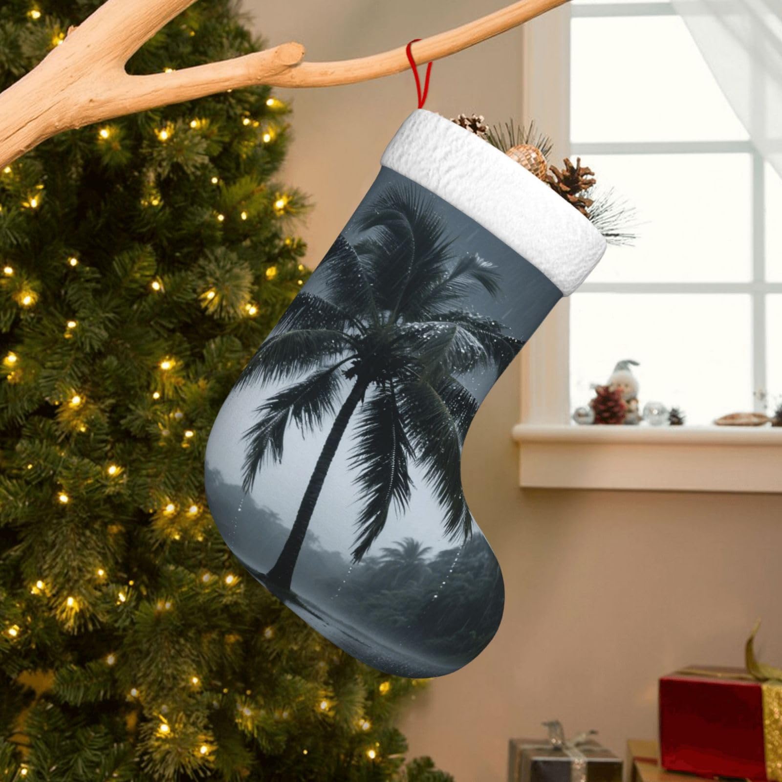 Velvet Christmas Stockings 17.7 Inch, Plam Tree Xmas Stocking with Soft Cuff,Classic Personalized Christmas Tree Decoration for Family Holiday New Year Party Supplies