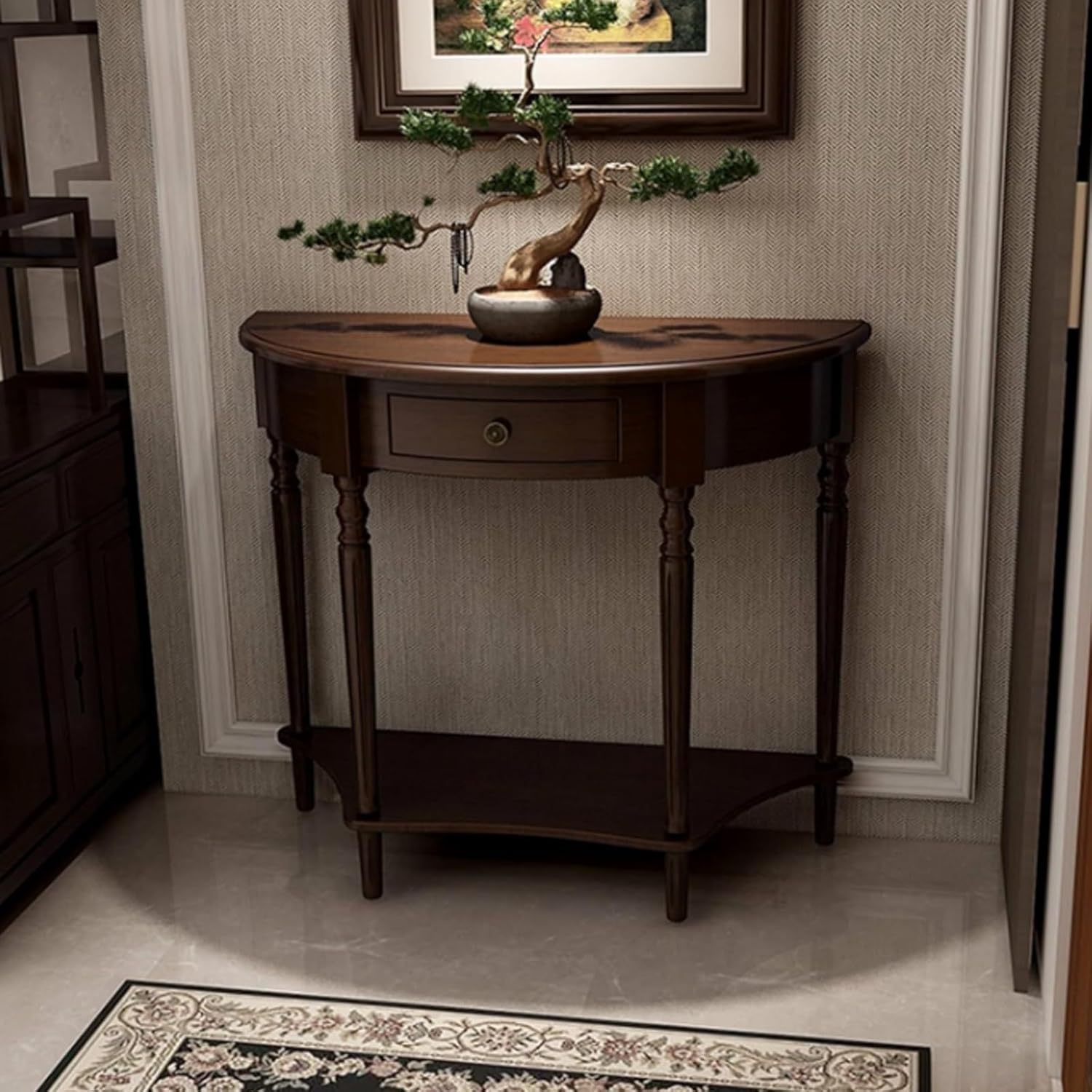 Half Moon Console Table, Solid Wood Half Circle Entryway Table with Drawer, Semi Circle Sofa Tables,Hallway & Entrance Decor(Dark Walnut,23.6x11.8x31.5in)