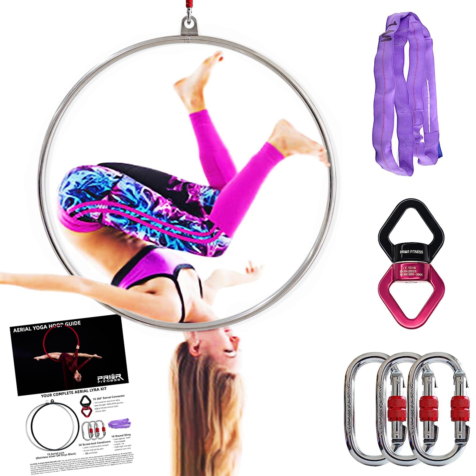 PRIOR FITNESS Set di Cerchio Aereo Lyra, Anello Aereo a Punto Singolo in Acciaio Inossidabile con Kit di Montaggio Completo, Resistenza Elevata Certificata SGS 490kg/1080lbs per Danza Aerea