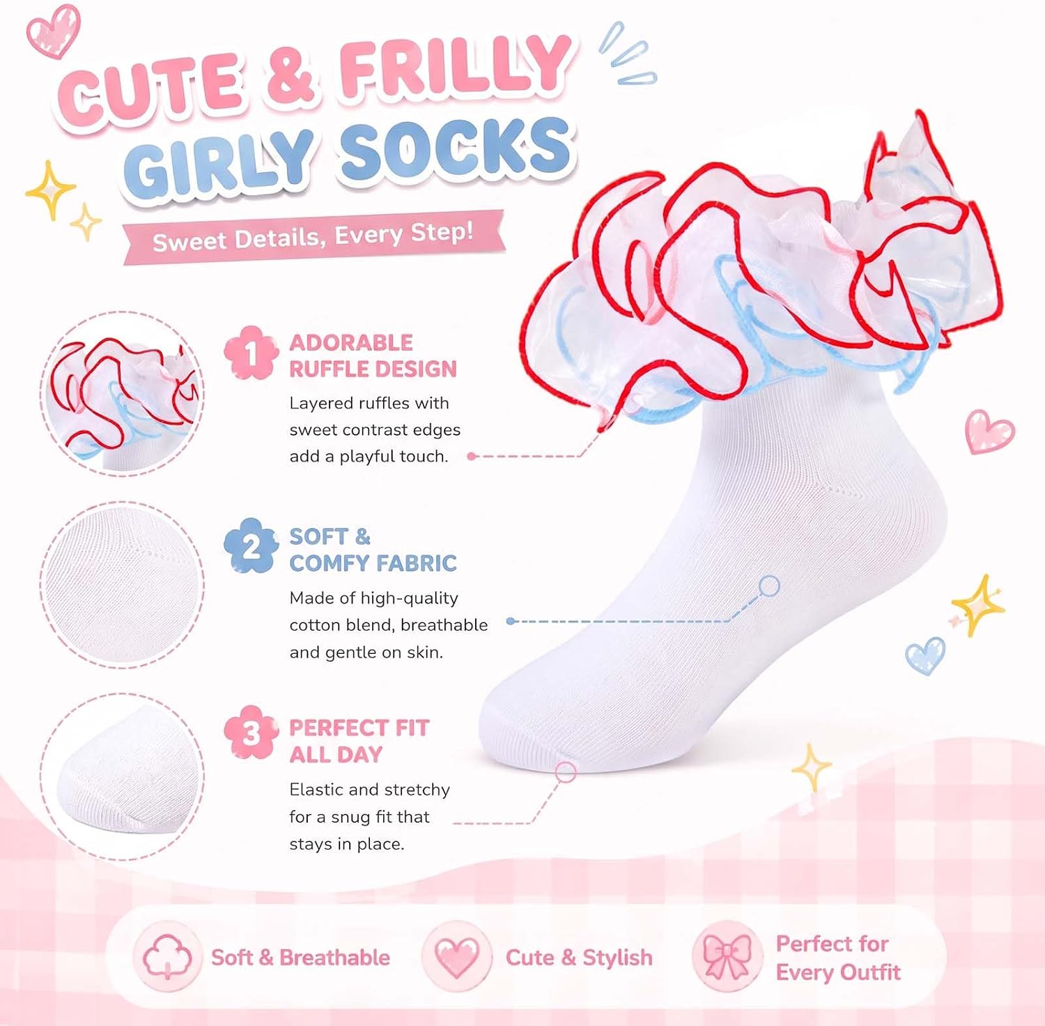 3 Pairs Ruffle Socks for Girls Lace Frilly Dress Socks 4-12 Years