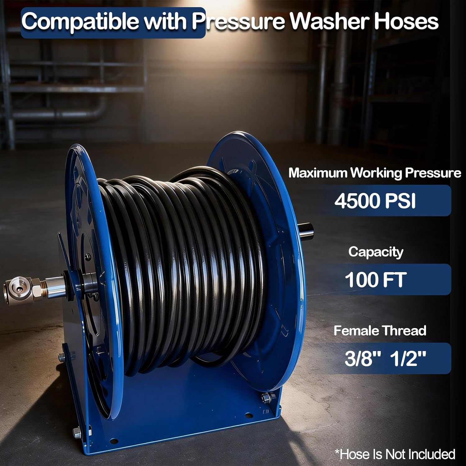 Pressure Washer Hose Reel 100FT x3/8”,Manual Power Washer Hose Reel with M22 14mm Fitting 4500PSI Heavy Duty Hose Reel, with No-Kink Full-Flow Brass Swivel & Mount, for Wall Van Trailer