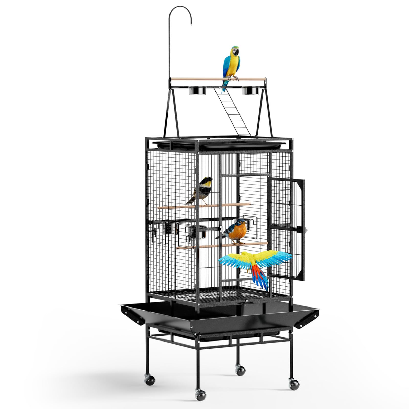 Vogelkäfig mit Spielplatz Oben, vogelkäfig groß mit 3 Holzstangen und 360° Rollen, Vogelvoliere mit 5 Futterstellen, 83 x 78 x 210 cm