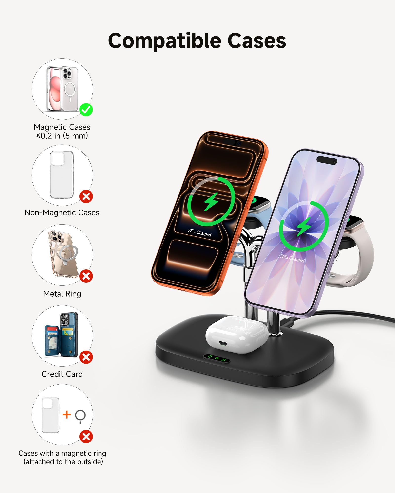 Chargeur 5-en-1 Double pour 2 iPhone, Station de Charge pour 2 Apple Watch | Chargeur Magnétique sans Fil pour iPhone Air/17/16/15, Double Recharge Rapide 5W pour Apple Watch 11/10/Ultra 3/SE 3