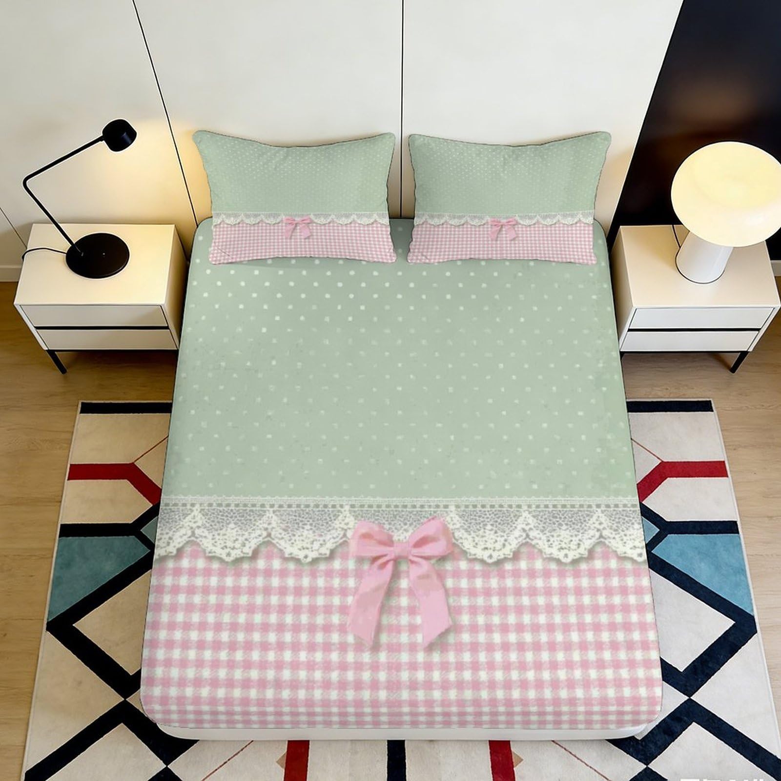 Jqzkxnhpbr Style-1 3D Printed Mint Green Bowknot Fitted Sheet Microfiber Pink Checked Lace Bed Cover For Bedroom Dorm Decor 90X200x25cm