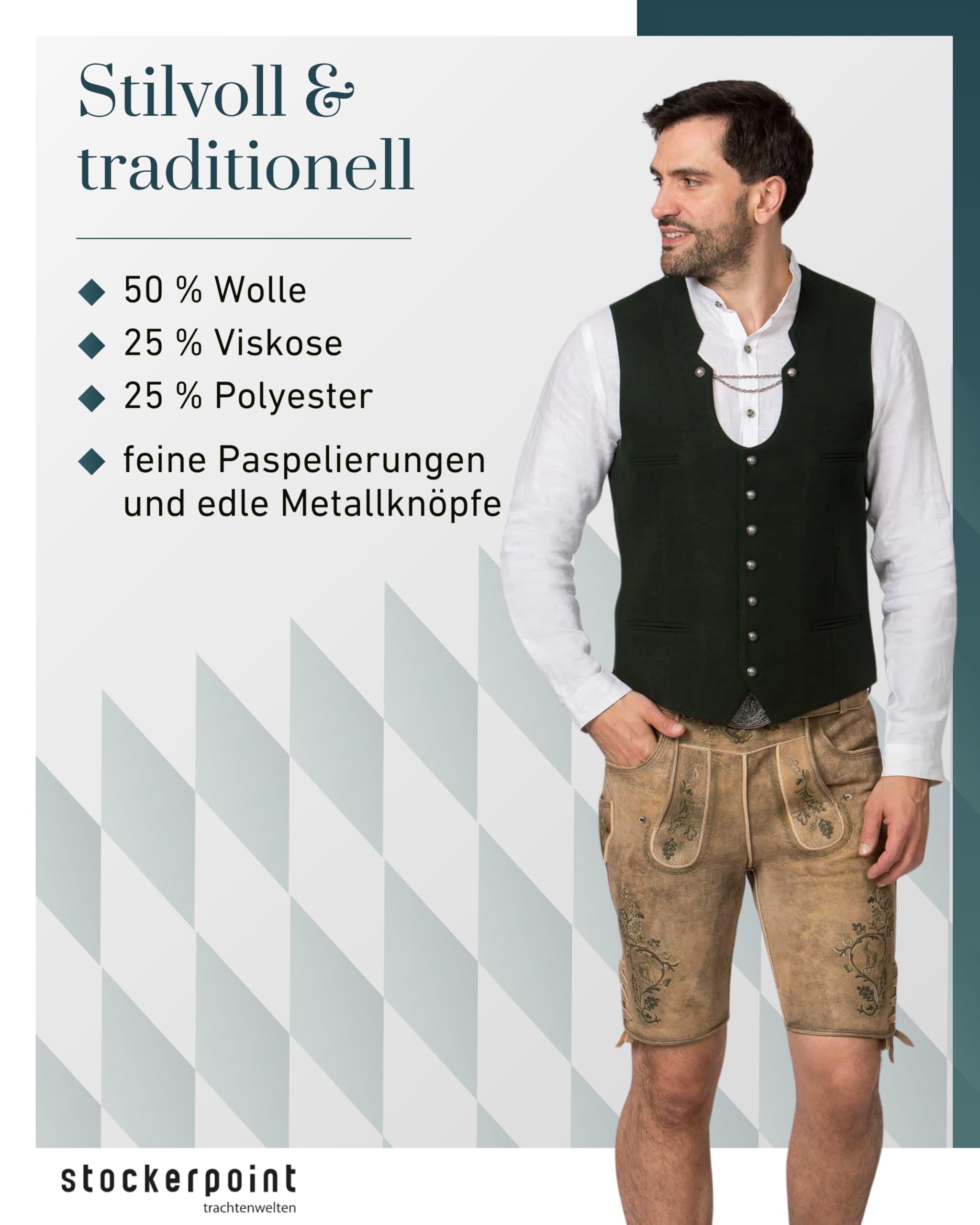 Stockerpoint Herren Trachtenweste Salerio I Größen 44-56 I Traditionelle & hochwertige Weste mit verstellbarem Riegel I Perfekt für Trachten & Festlichkeiten