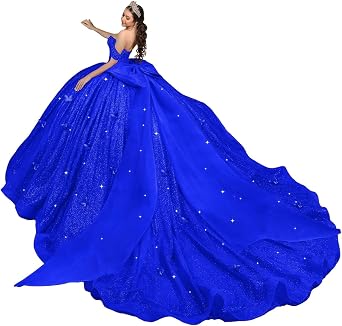 Mouccy Beaded 3D Butterfly Quinceanera Dresses with Train Off Shoulder Sweet 16 Dress Puffy Tulle Prom Dresses Long Ball Gown