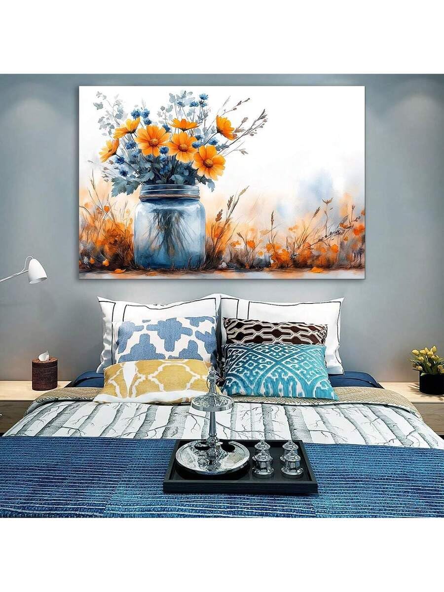 lianyibo Abstrakcyjny obraz na płótnie z bukietem kwiatów, niebieski kwiatowy obraz w wazonie, nowoczesne rustykalne plakaty botaniczne do dekoracji wnętrz (70x100 cm/bez ramki)