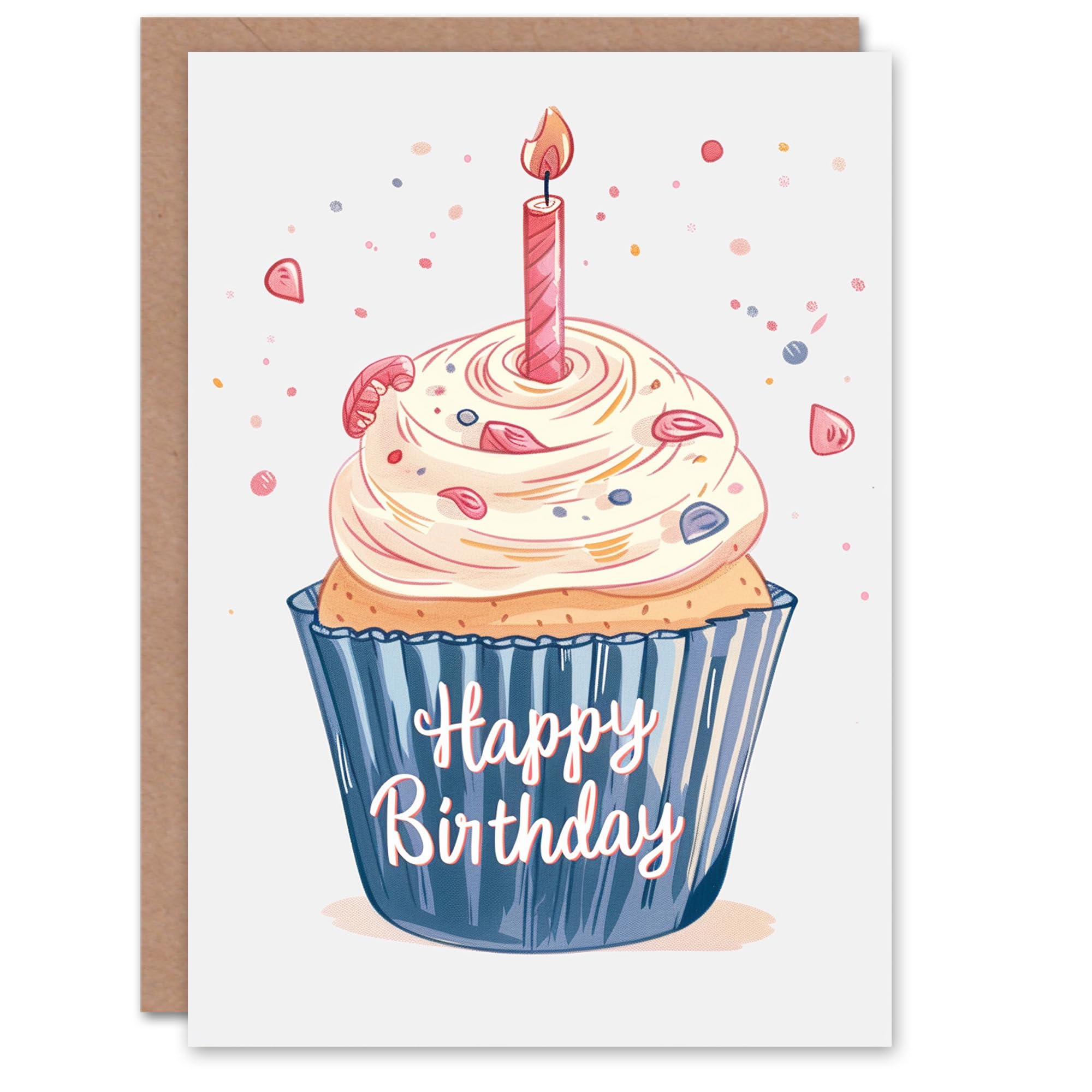 Artery8 Birthday Card Cupcake with Candle Pastel Colour Watercolour For Her Gran Sister Niece Daughter Wife Woman Greeting Card
