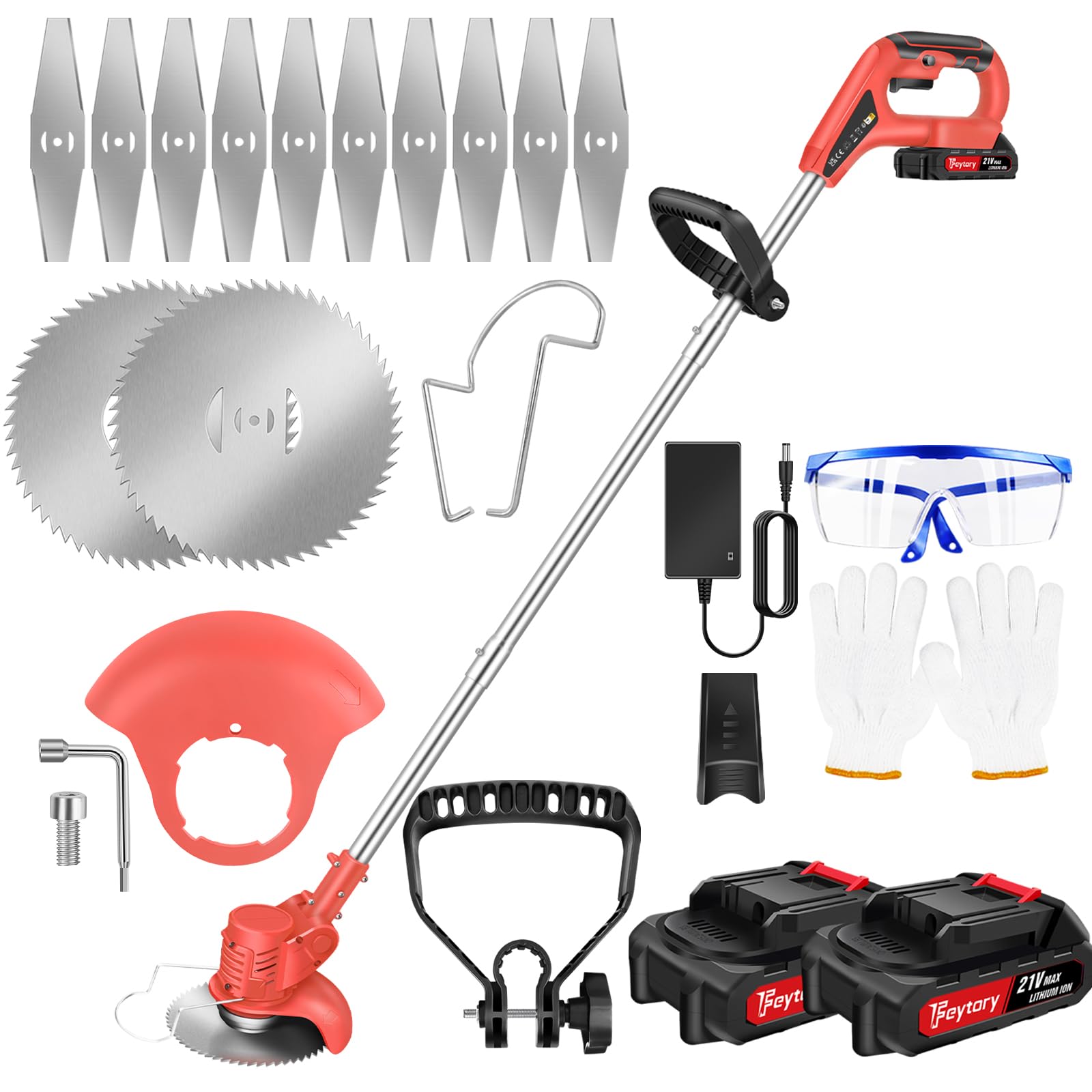 Lightweight Cordless Grass Trimmer with Battery and Charger, Telescopic Electric Strimmer Cordless Grass Cutter Garden Lawn Edger Tool, 125mm Cutting Dia, 2 Batteries, 10 Metal Blades & 2 Saw Blades