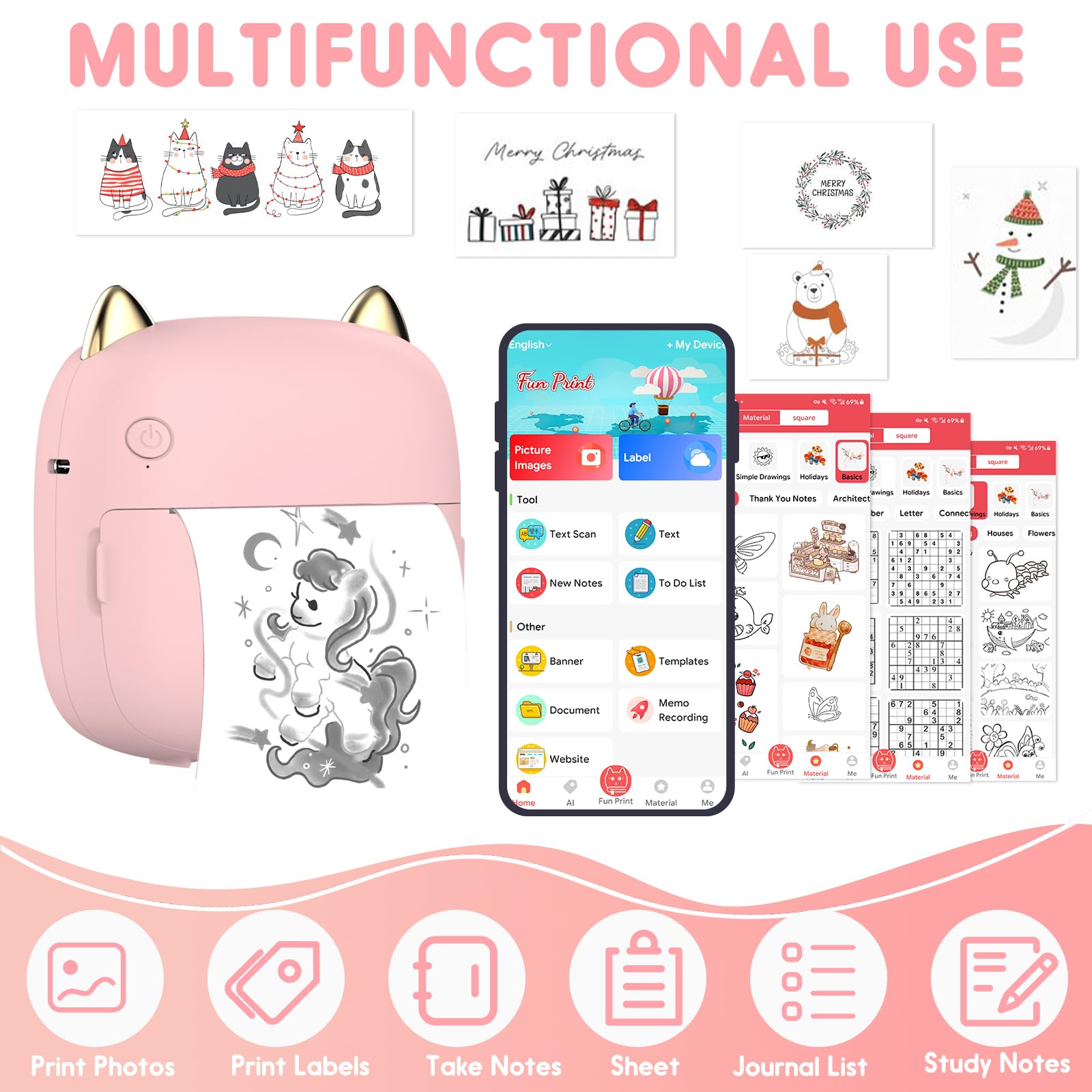 Mini Impresora para Movil, Mini Impresora Termica Fotográficas, Bluetooth Inalámbrico Impresora Térmica, Portátil Impresora Termica, Movil Impresora Fotos, para Fotos Nota, Rosa