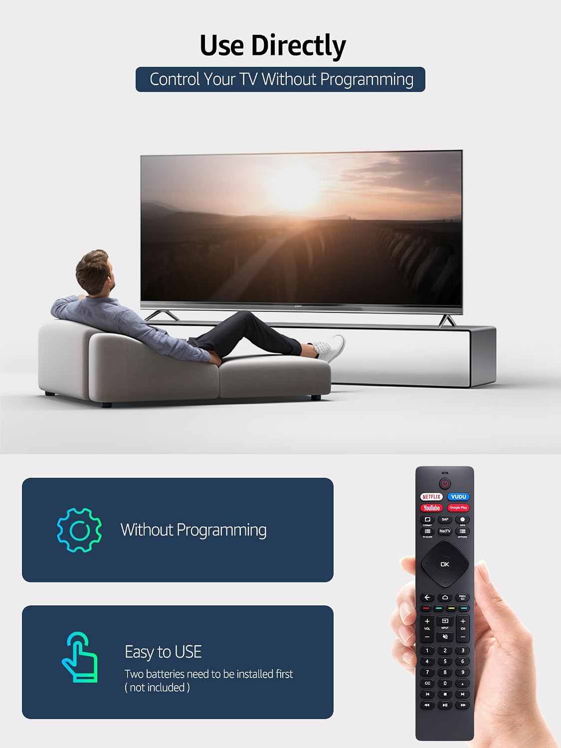 Person using the remote control with a TV, illustrating no programming needed