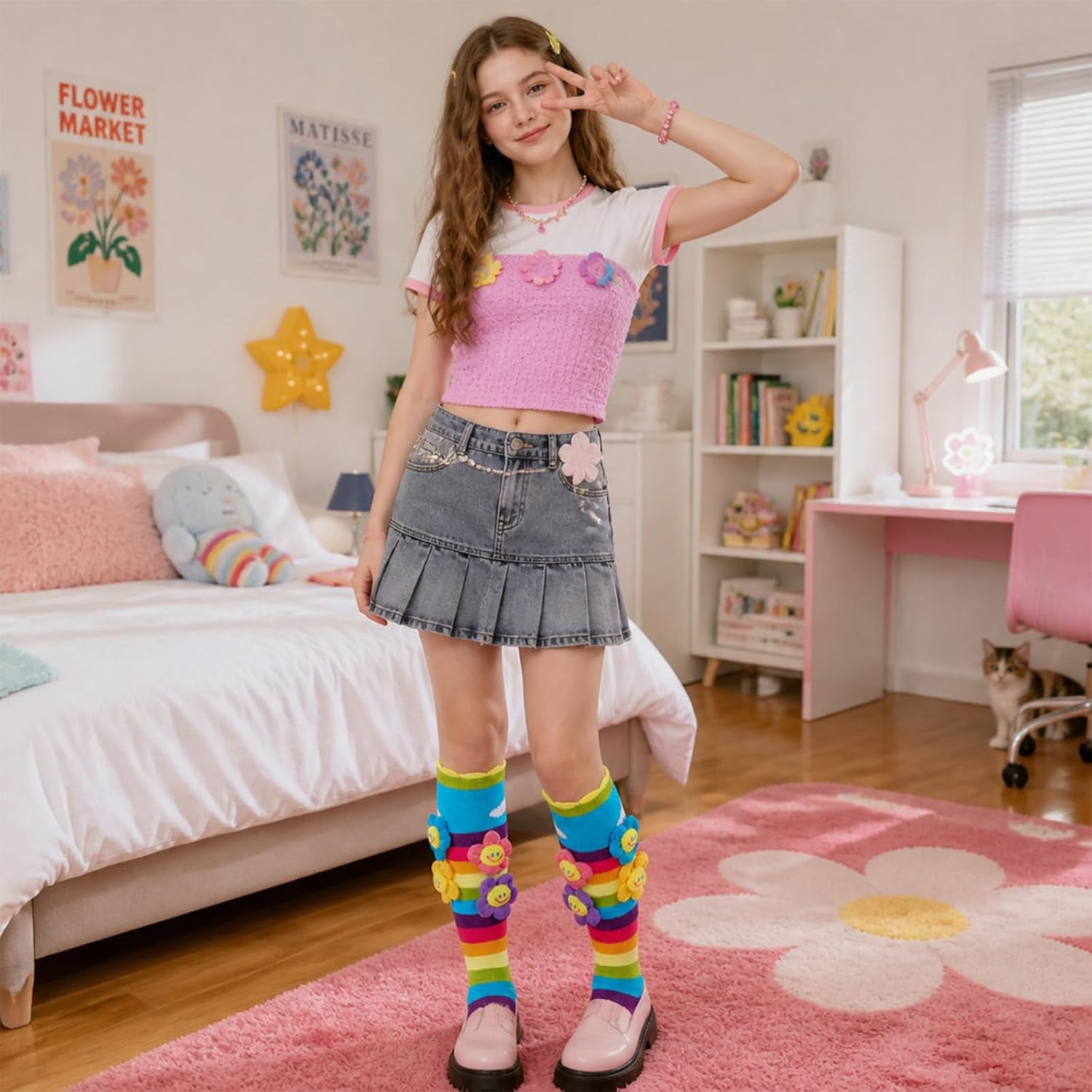 Crazy Fun Girls Knee High Socks - 3D Flower Rainbow Novelty Sock Crazy Day