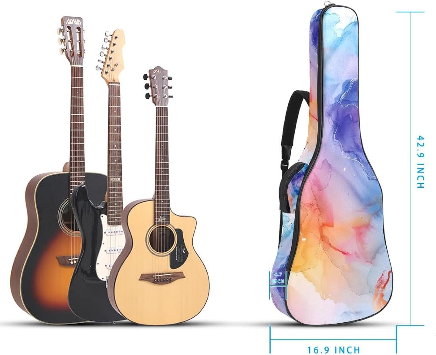 Colorful Marble Watercolor Seamless Pattern Acoustic Guitar Gig Bag, 1 cm Thick Padding Waterproof Guitar Bag Backpack for 40 41 42 Inch Electric Bass Classical Guitars