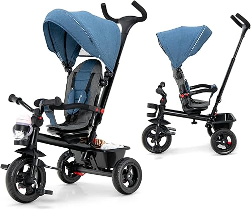 Miniatura 11 de BABY JOY Triciclo, bicicleta 5 en 1 para niños pequeños con mango de empuje extraíble, asiento reversible, rueda de EVA, toldo ajustable, portavasos