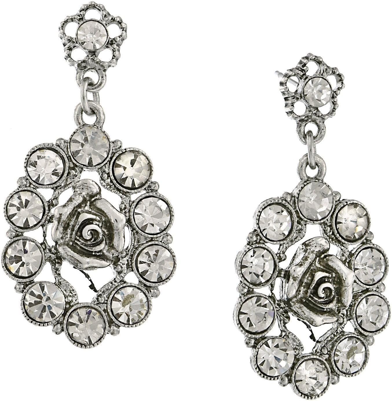 1928 Jewelry Crystal Oval Flower Drop Earrings