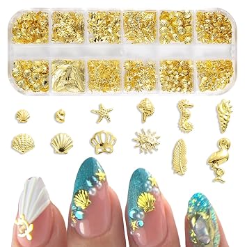 3D Gold Ocean Nail Charms, Summer Beach Nail Metal Art Charms Shells Conchs Starfish Seahorse Feather Flamingo Sun Crown for Women DIY Professional Nail Art Decorations Accessories Set