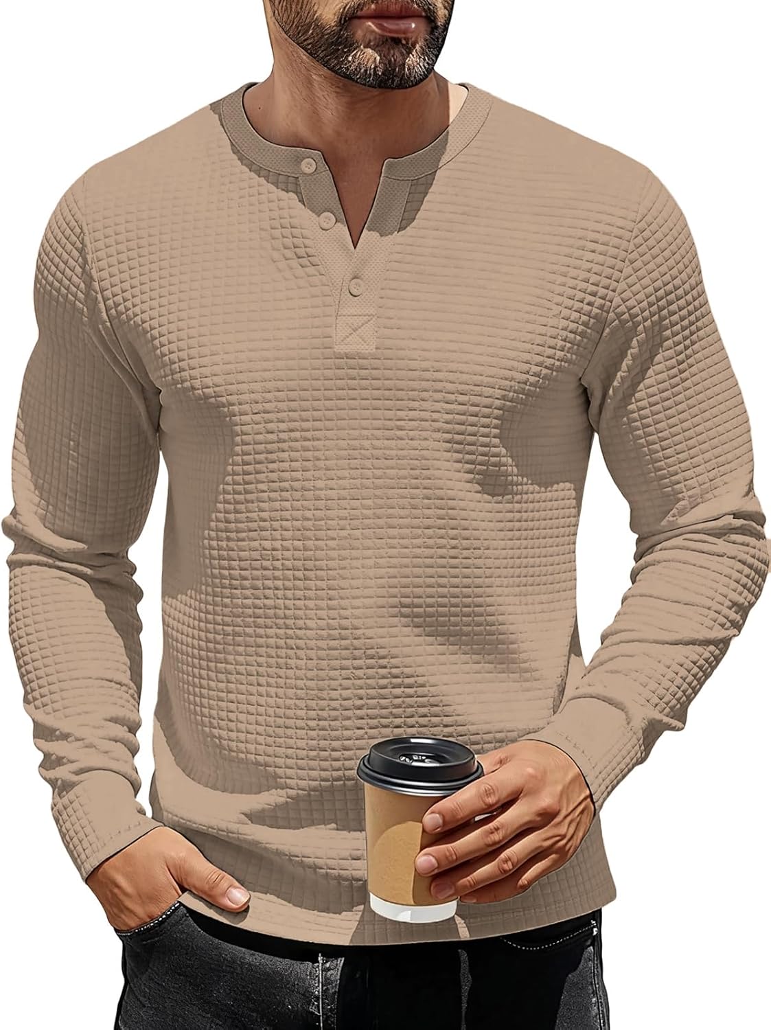 Men's Henley Shirts Long Sleeve Casual Waffle T-Shirts Button Pullover Sweaters Tee Shirt
