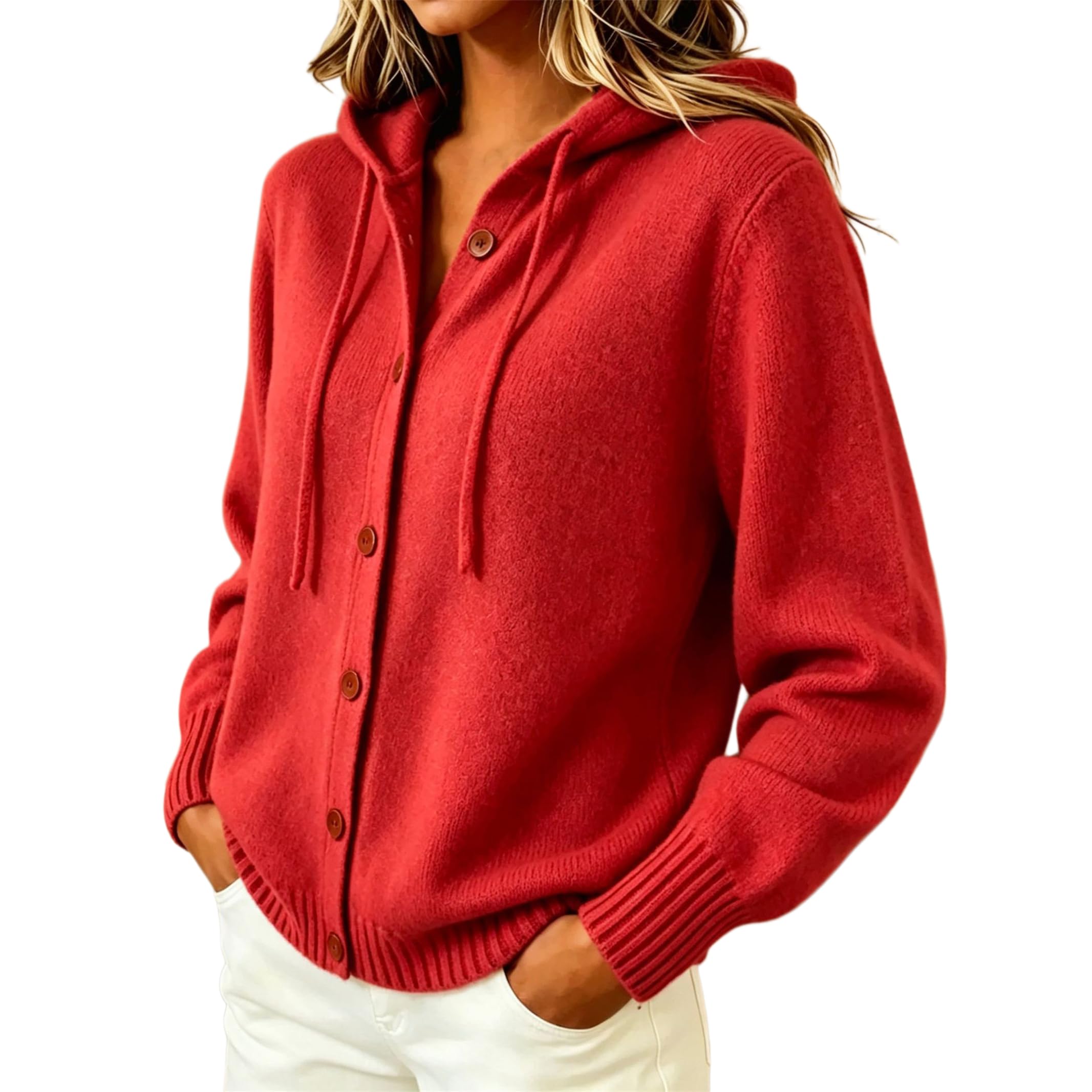 Cardigan Donna Maglia con Cappuccio Manica Lunga Bottoni Bordo Costine | Vestibilità ampia, cappuccio regolabile antivento. Ideale come strato versatile per commissioni, caffè e look casual.