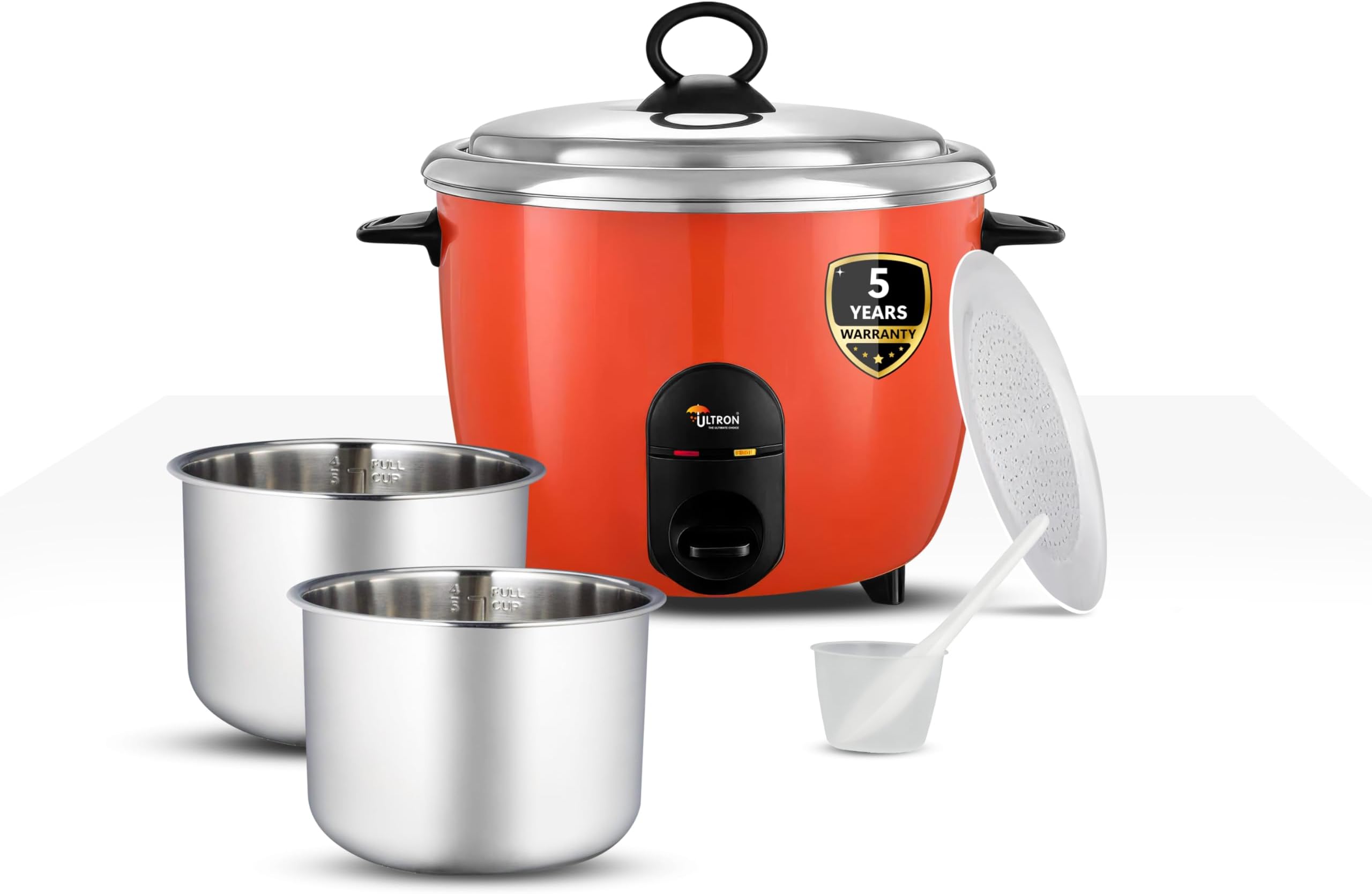 Ultron Cook Mate SS 2.8 Electric Rice Cooker | 1000W | 2.8 Litre Capacity | Stainless Steel Inner Pot | Automatic Cook & Keep Warm | LED Indicator | Measuring Cup & Steaming Plate Included (orange)