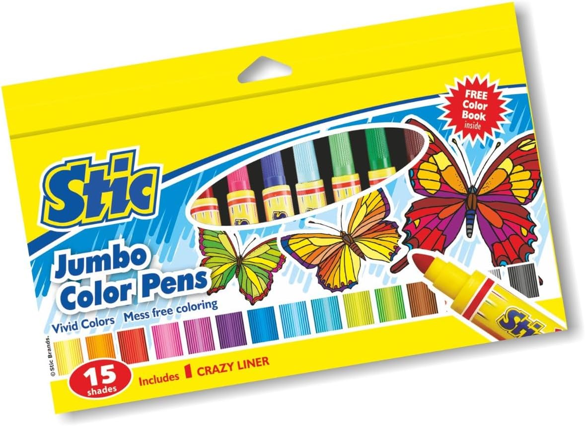 Jumbo Colour Pens 15 Shades Includes 1 Crazy Liner&Colour Book Inside Free,Multicolor