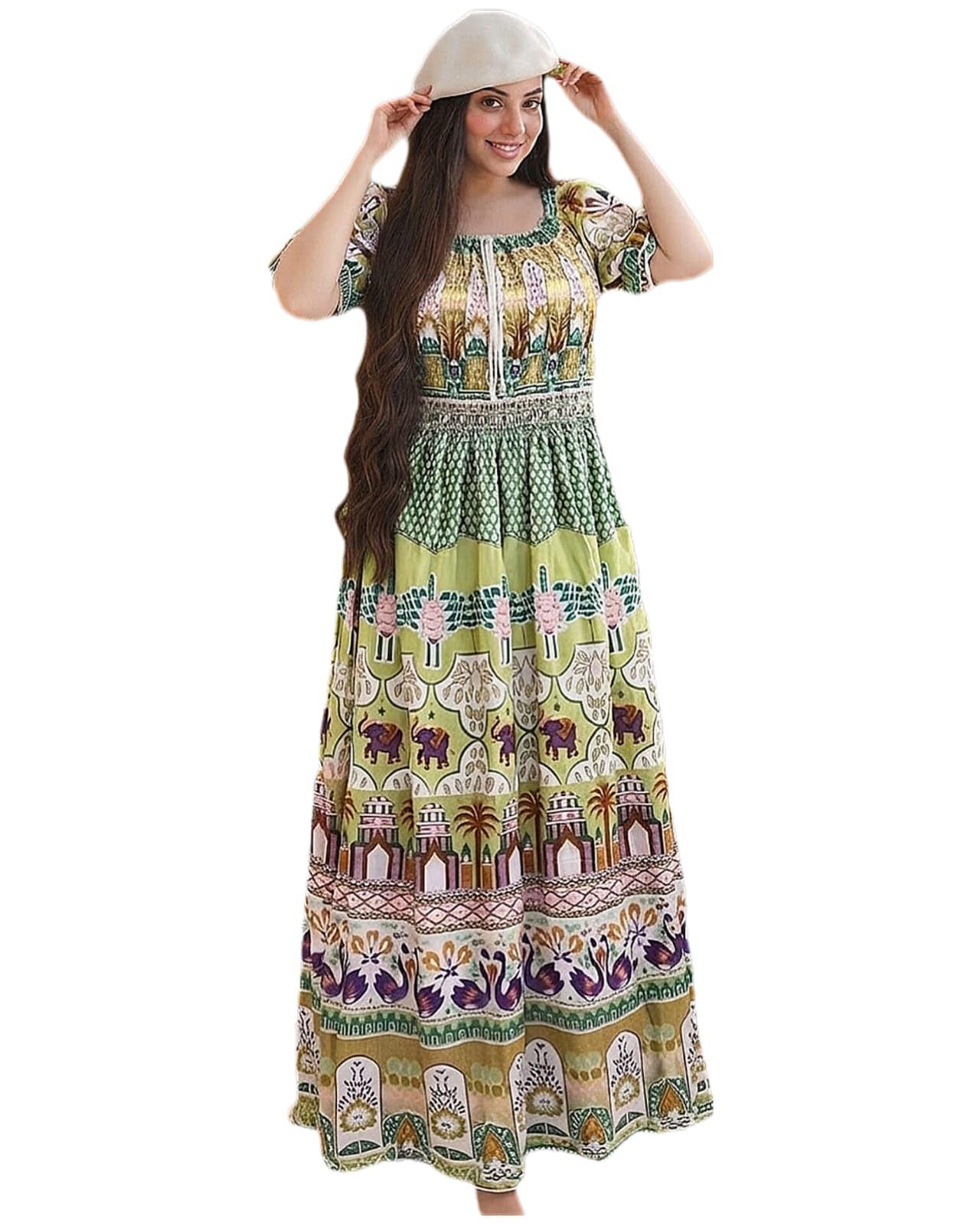 Women's Printed Cotton Maxi Dress with Square Neck and Smocked Waist Green-image-11