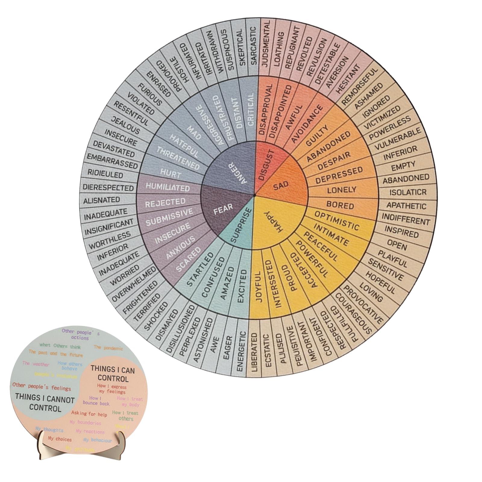 Mzbnfa Feelings Wheel with Stand, Double Sided Wooden Emotion Wheel Chart for Adults Mental Health Emotions Chart with Stand Therapist Gifts for Women & Men, Home Office Decor