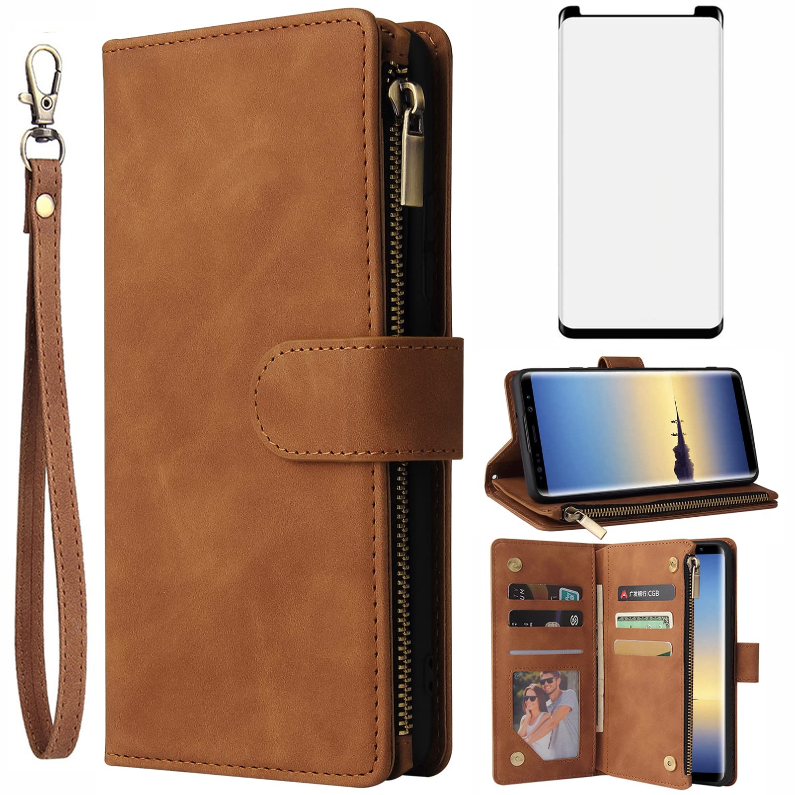 Asuwish Compatible with Samsung Galaxy Note 8 Wallet Case Tempered Glass Screen Protector and Leather Flip Cover Card Holder Cell Accessories Phone Cases for Glaxay Note8 Not S8 Galaxies Gaxaly Brown