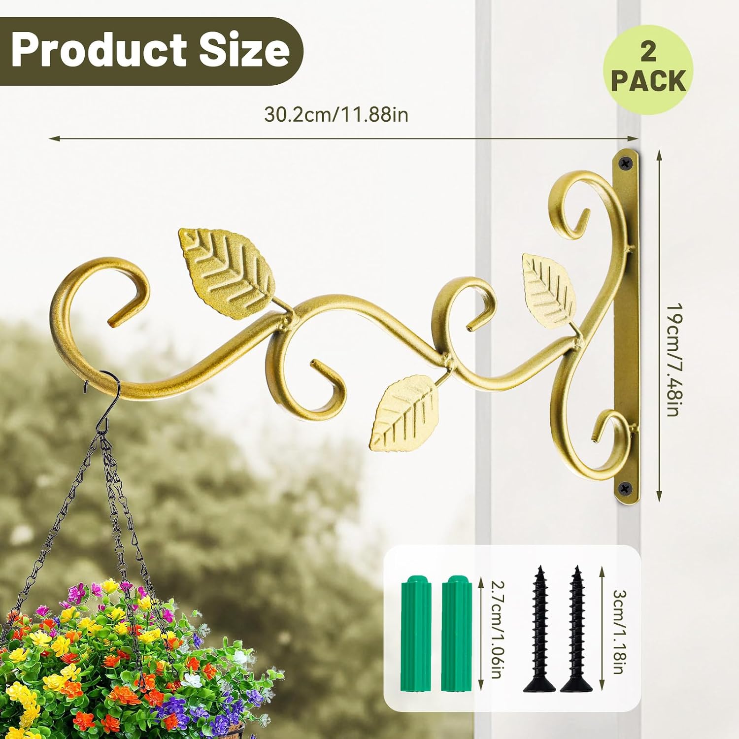 2Pack Hanging Plant Bracket Hooks, 12'' Iron Wall Plant Hanger, Multifunctional Brackets for Hanging Plants/Flower Baskets/Bird Feeders/Wind Chimes, Wall Hooks for Plants Outdoors/Indoors, Home Decor image 2