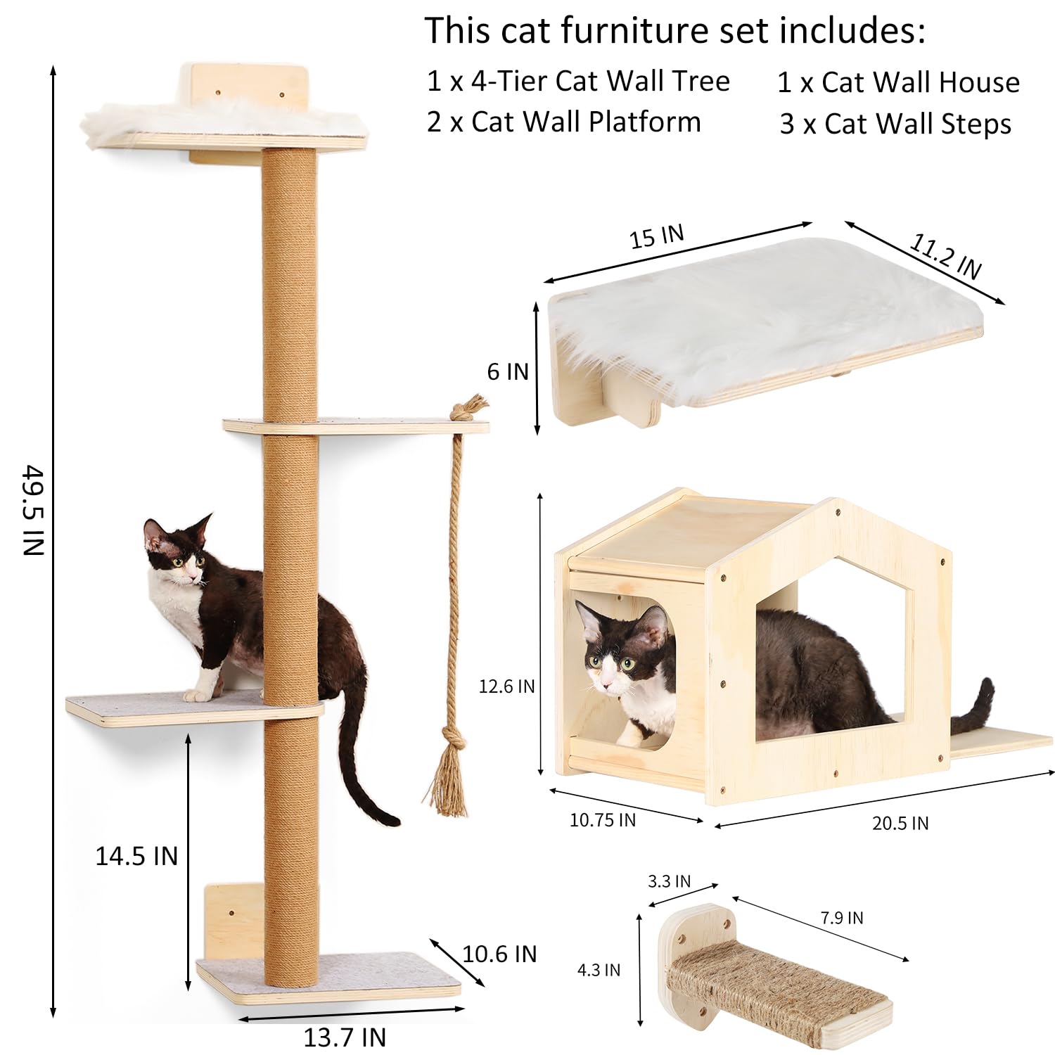 Katzen-Wandregale, Holz, Wandmontage, Katzenmöbel mit 4 Ebenen, 1 Katzenwandhaus, 2 Katzen-Sitzstangen und 3 Wandstufen, Kletterkatzenregale für Wand, große Katzen