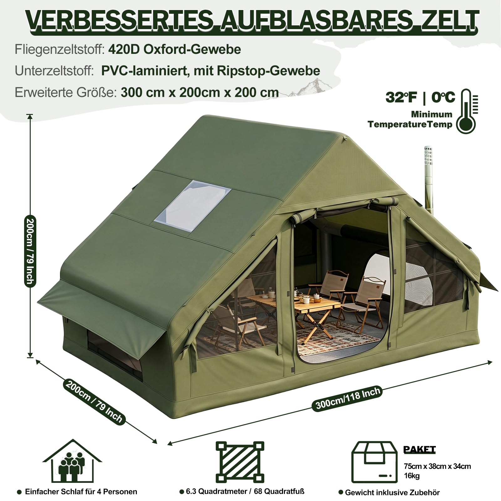 Aufblasbares Campingzelt mit Pumpe, 420D Oxford Glamping Aufblasbares Zelt für Camping, Wasserdicht bis 3000MM, 4 Saison Winddicht Kabinenzelt mit Mesh