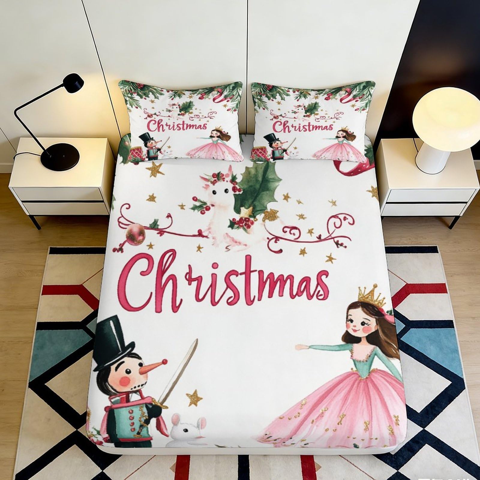 3D Printed Christmas Fitted Sheet Microfiber Soft Breathable Holiday Bed Cover with 3D Printed Fairy and Nutcracker Design Mattress Cover for Bedroom Dormitory Guest Room 140x200x25cm