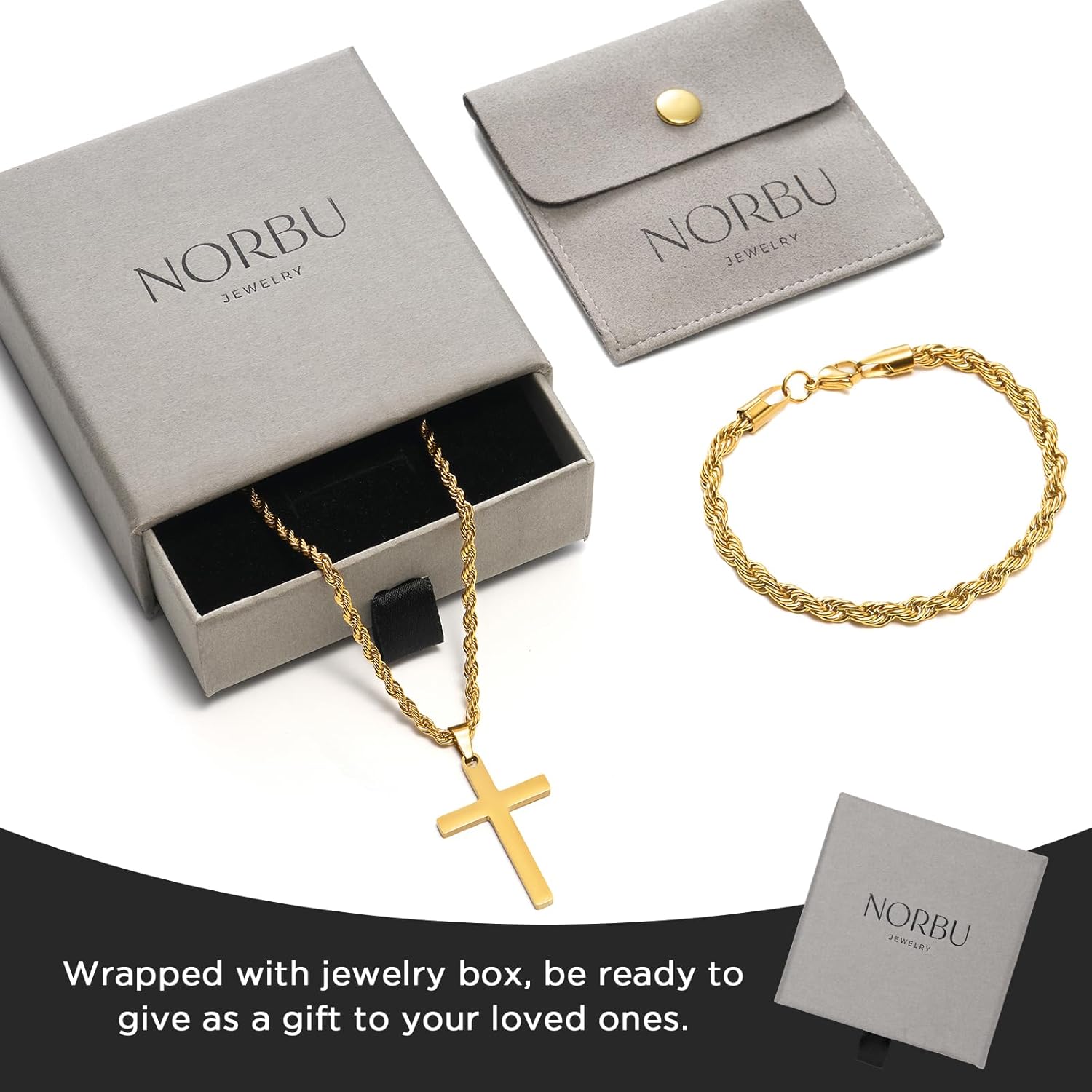NORBU Stainless Steel Cross Necklace and Bracelet Set for Men, Rope Link Chains 18"/20"/22" Length, Bracelet 7 1/2" and 8" Length, No Tarnish & Durable Mens Religious Gift - Image 6