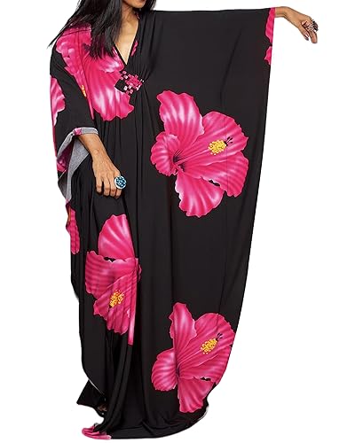 Bsubseach Moo Moos Kaftan Dresses for Women Floral Print Plus Size Swimsuit Coverup Caftan Maxi Beach Dress with Pockets - Pink