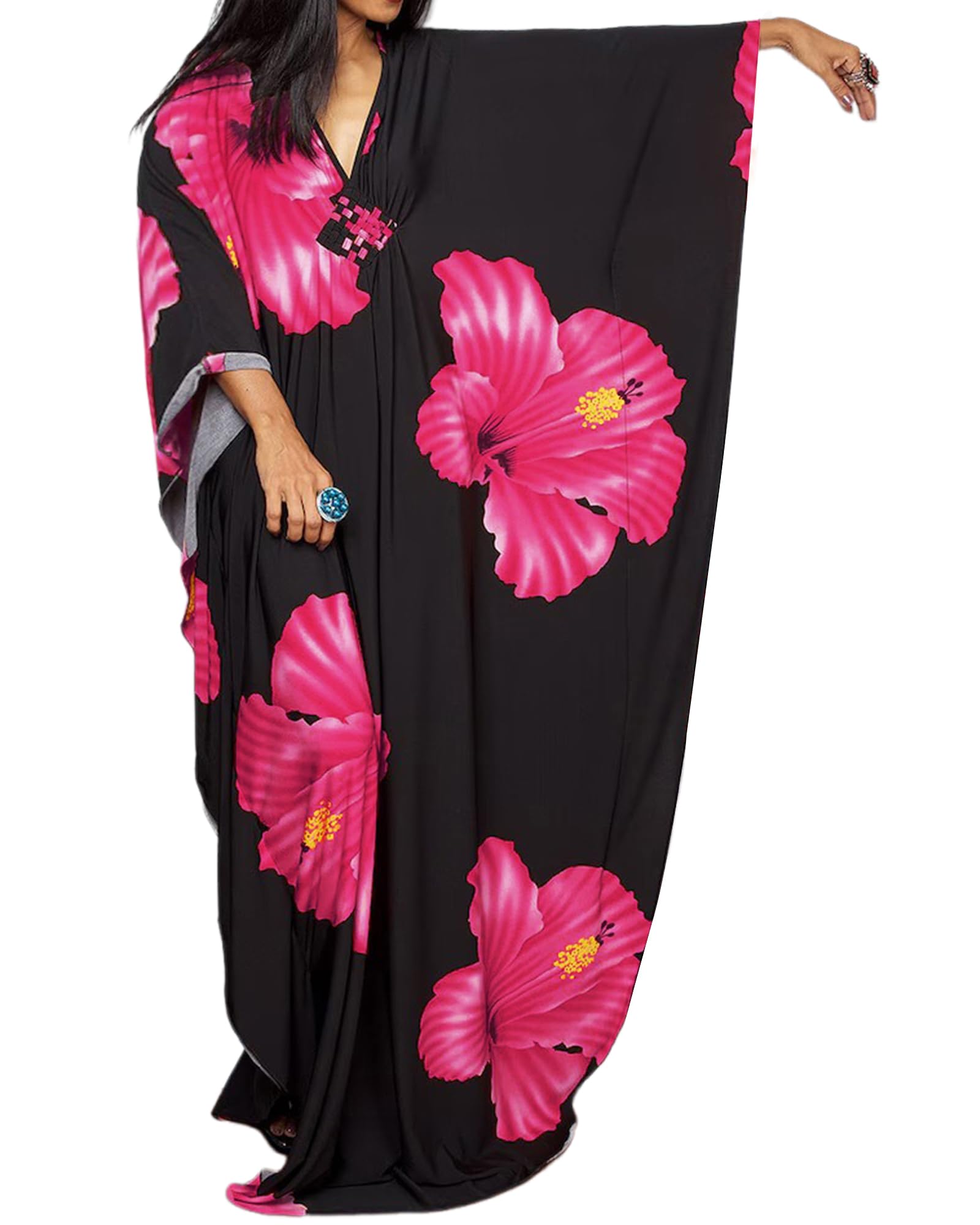 Bsubseach Moo Moos Kaftan Dresses for Women Floral Print Plus Size Swimsuit Coverup Caftan Maxi Beach Dress with
