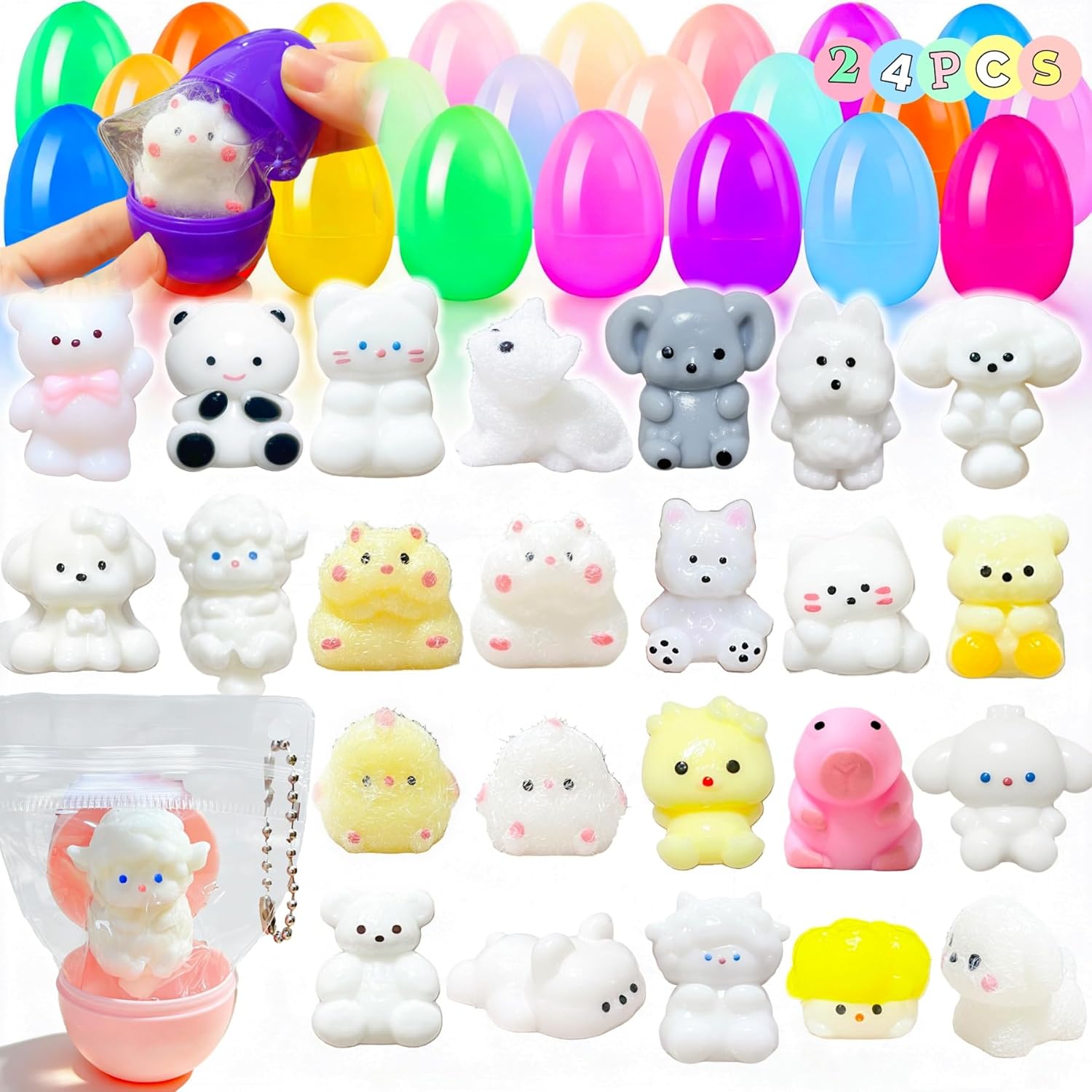24 Pack Prefilled Easter Eggs with Squishy Toys, 24 Styles Mini Animal Squishy Fidget Toys with Keychain, Super Soft Sticky Squeeze Toy for Easter Basket Stuffers & Goodie Bag Fillers