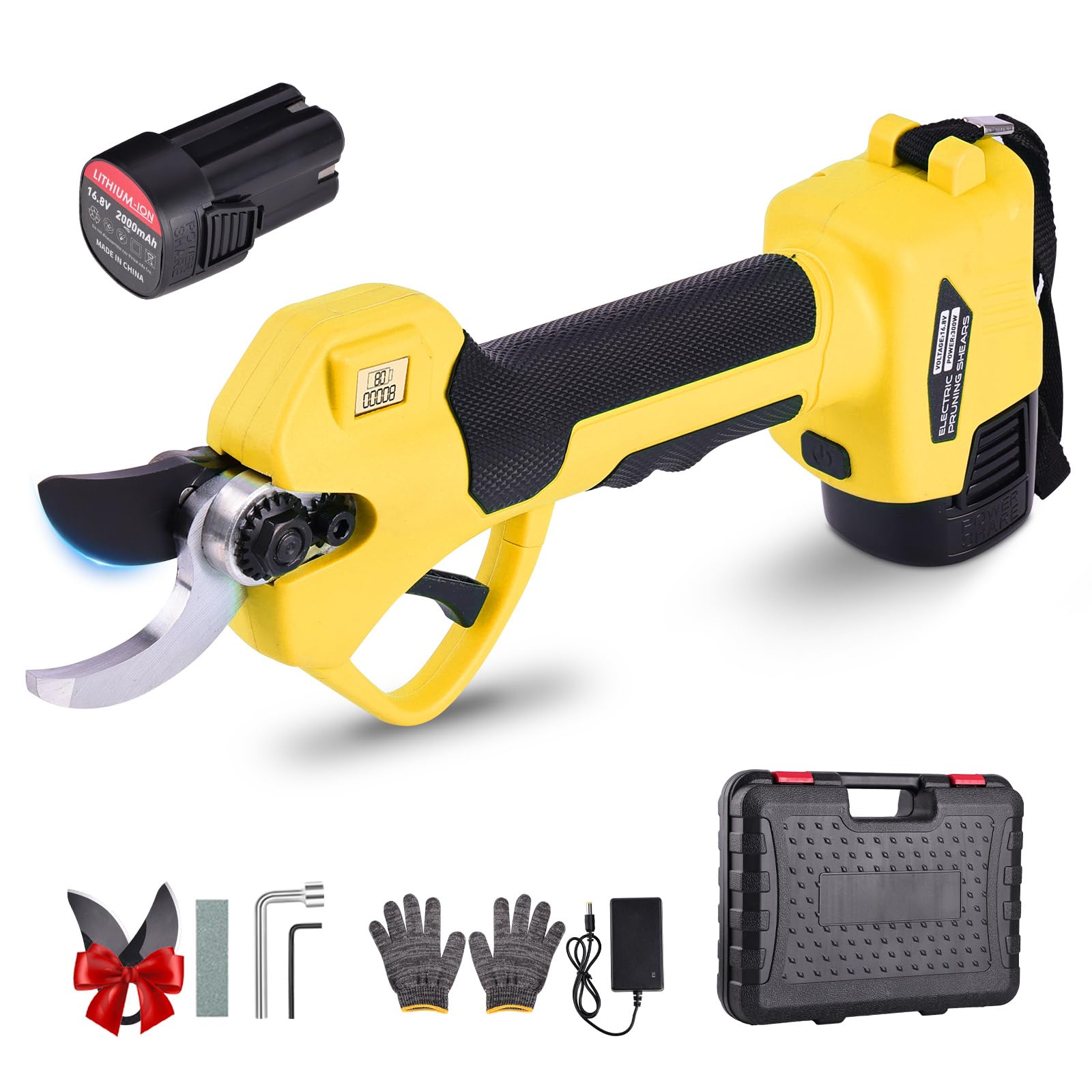 Tijeras de Podar Eléctricas 35mm Profesionales Tijeras de Podar con Baterías 21V 2x 2000Amh Ultraligera SK5 LCD Motor para Viñedos, Olivos, Árboles Frutales Amarillo