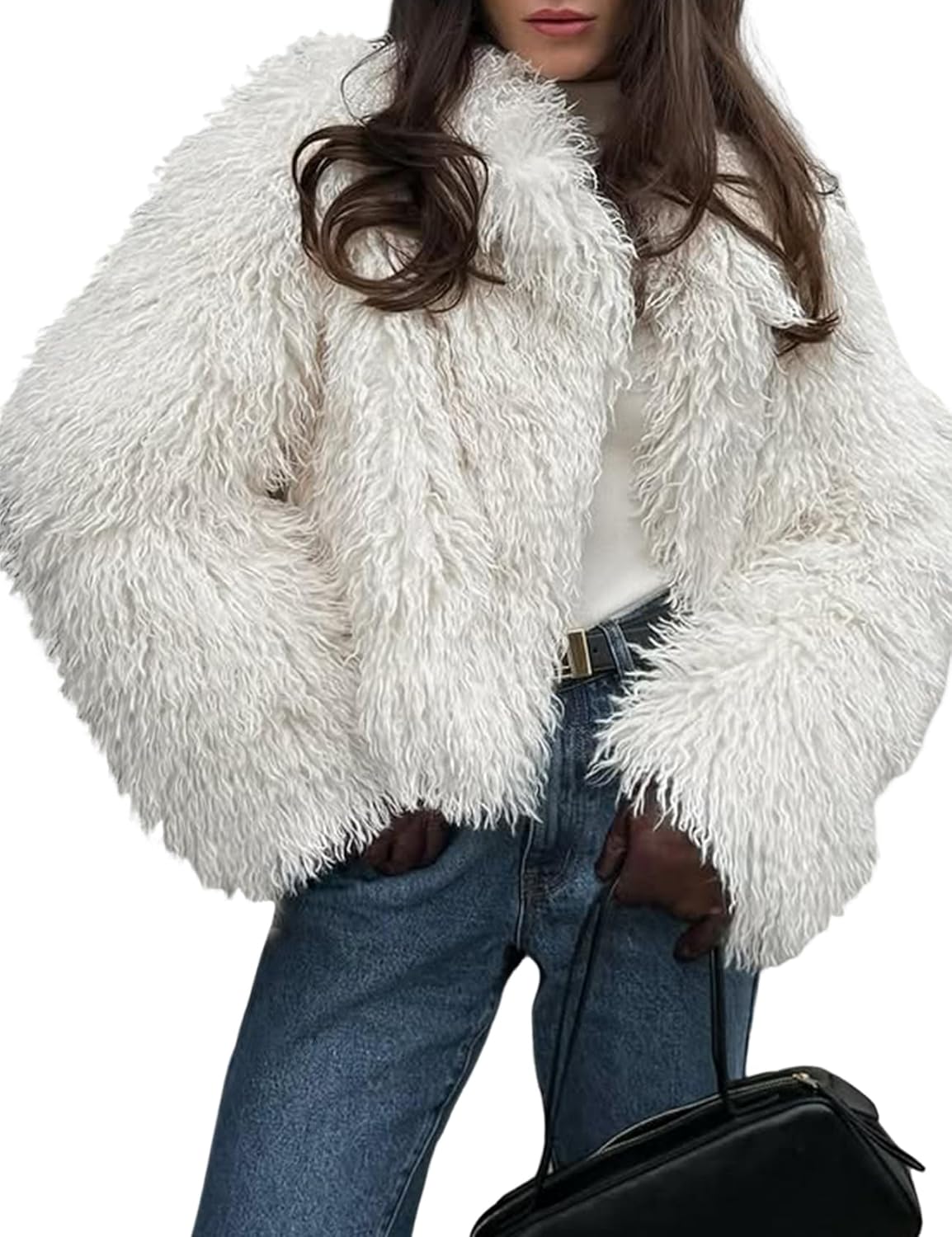 Yimoon Womens Faux Fur Coat Cropped Fluffy Fur Jacket Long Sleeve Lapel Collar Winter Fuzzy Shaggy Short Coat