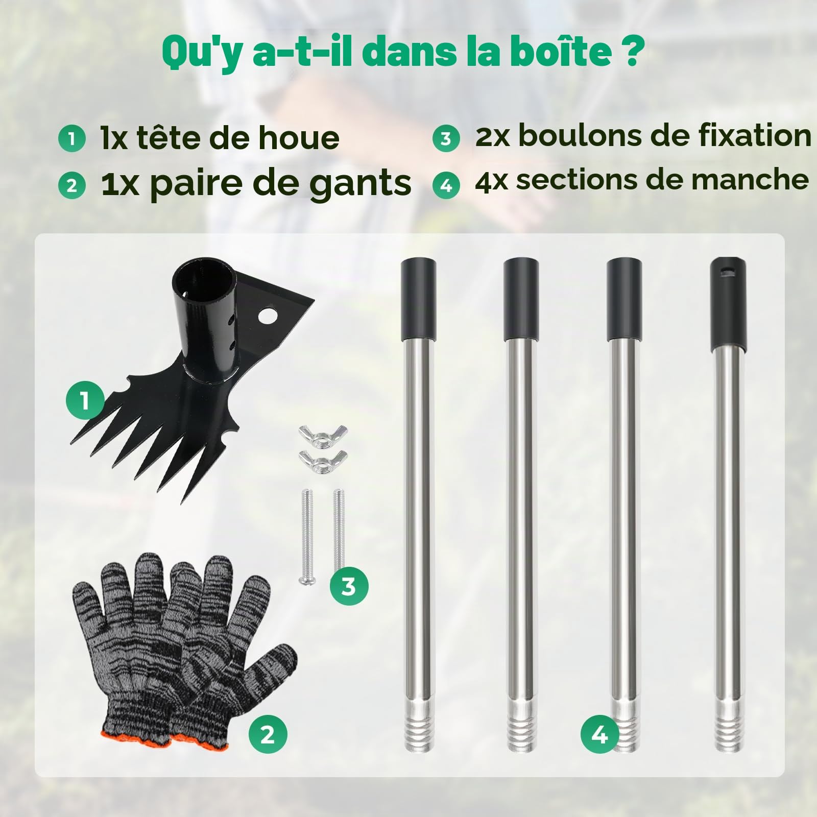 Outil d'arrache-mauvaises herbes avec long manche, râteau manuel 2 en 1 et binette de jardin de 150 cm, 4 sections détachables et robustes avec gants pour terrasse, jardin, cour, pelouse