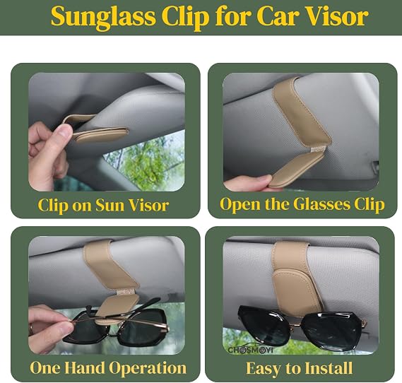Leather Sunglass Holder for Car Visor, Magnetic Eyeglasses Clips(Beige)
