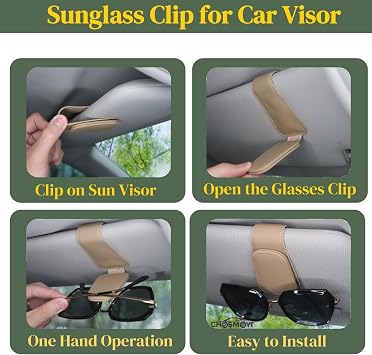 Leather Sunglass Holder for Car Visor, Magnetic Eyeglasses Clips(Beige)