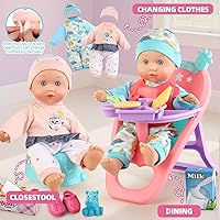 Vista 5 de Juego de Cochecito de Muñeca Bebé con Muñeca Bebé de 12.5", Silla de Comedor, 2 Juegos de Ropa y 20 PCS Accesorios para Muñecas. Juguete
