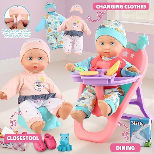 Miniatura 5 de Juego de cochecito de bebé con muñeca de bebé de 12.5 pulgadas, silla de comedor, 2 juegos de ropa y 20 accesorios para muñecas. Juguete de