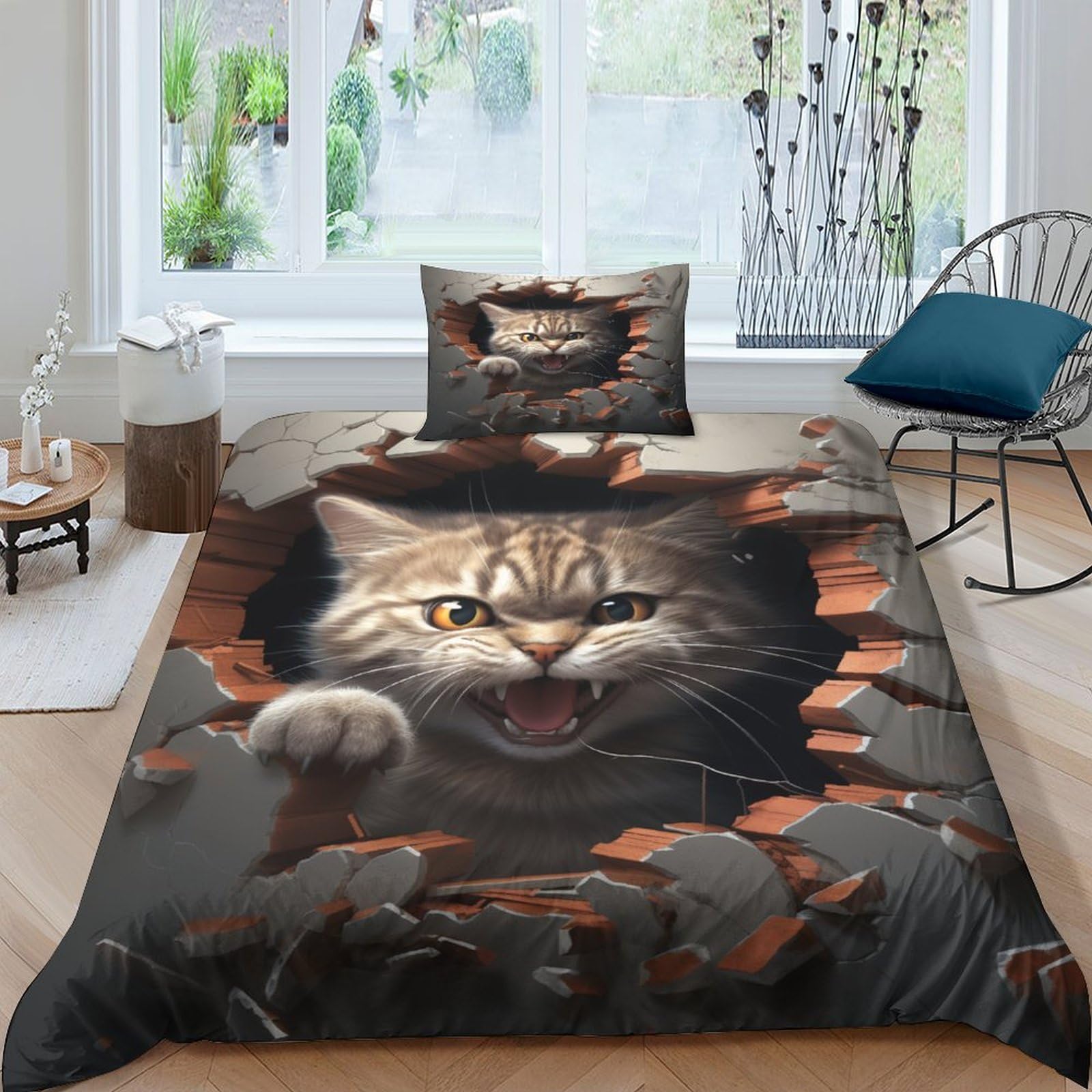 Parure de lit chaton 3 pièces housse de couette microfibre respirante 135x200 taie d'oreiller