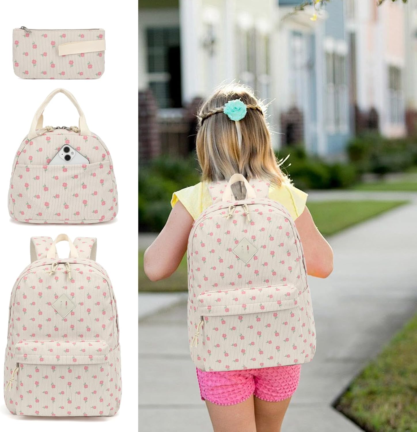 Corduroy School Backpack Girls Kids Teens School Bookbags Schoolbag Set with Lunch Box Pencil Bag