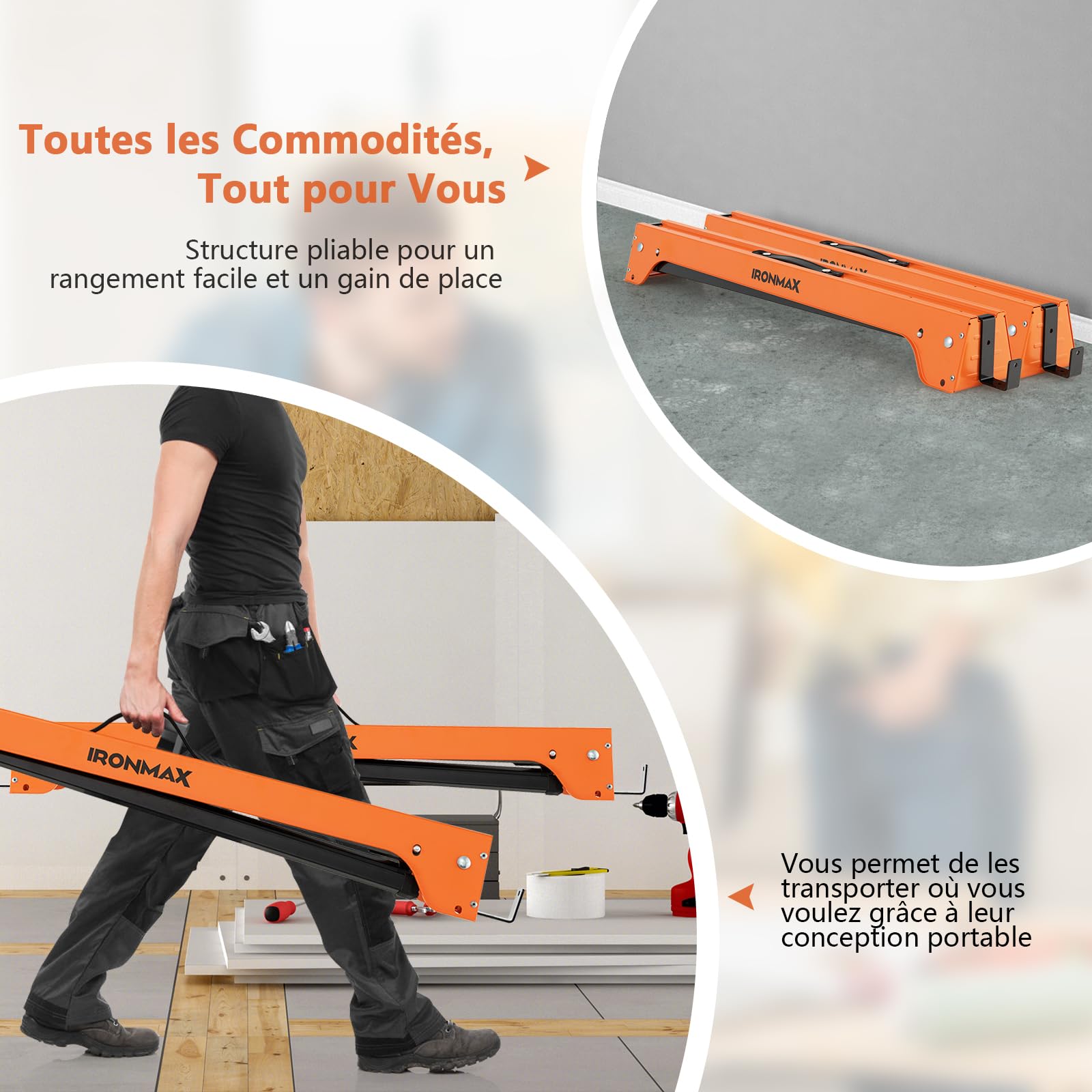 GYMAX Lot de 2 Tréteaux Pliables Métalliques, Chevalet de Sciage Professionnel avec Bras de Soutien de Bois, Poignée de Transport, Patin Antidérapant, pour Bricolage Atelier, Charge Max.600KG(Orange)