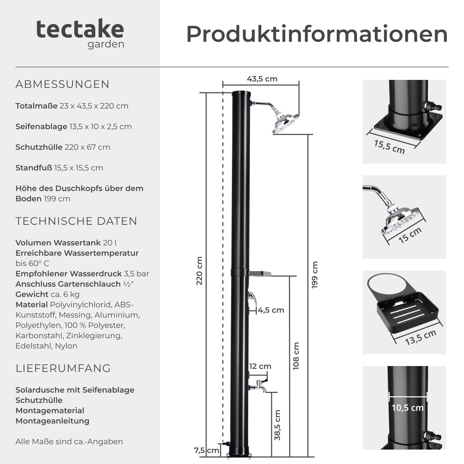 TecTake® Solardusche 20 l, bis 60° C warmes Wasser, drehbarer Regenduschkopf, Gartenschlauch-Anschluss, Wasserhahn, Garten Solardusche, Schutzhülle, Warmwasser, Campingdusche, Außendusche - schwarz