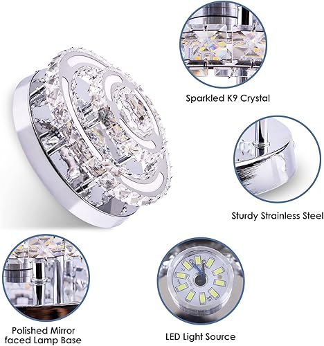 Miniatura 8 de CXGLEAMING Candelabro pequeño de cristal de 11.4 pulgadas, moderno montaje empotrado, lámpara LED redonda con control remoto para dormitorio,