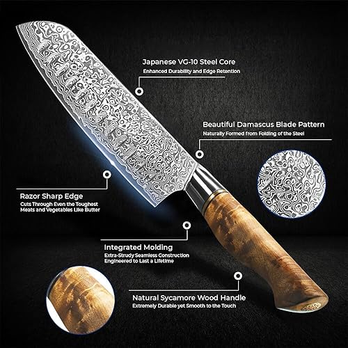 Miniatura 3 de SENKEN - Cuchillo Santoku de acero de Damasco de 7 pulgadas, colección Dynasty, acero japonés VG10 de 67 capas con mango de madera de sicomoro, filo